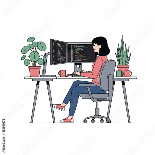 Illustration of a woman sitting at a desk with two computer monitors, surrounded by plants and office supplies in a modern workspace with a minimalist aesthetic.