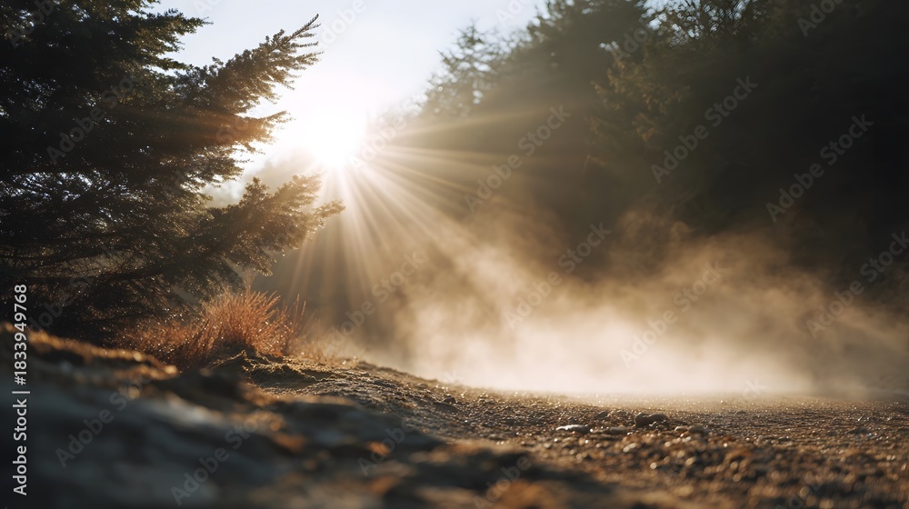 Fototapeta premium Sunbeams pierce morning mist in a serene forest landscape