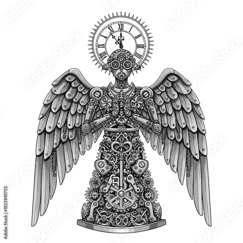 Steampunk angel clockwork mechanical wings gears time fantasy robot automaton vintage retro future technology design art