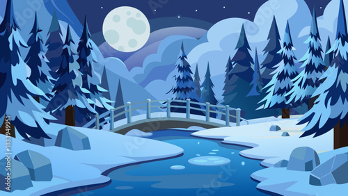 Winter night landscape with snow-covered trees and a bridge