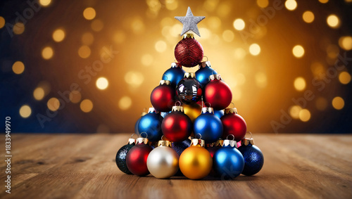 Festive Christmas ornaments stacked as a tree, glowing with warm lights and rustic charm on a wooden surface.
