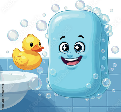 Happy Soap Bar Character with Rubber Duck and Bubbles in a Blue Tiled Bathroom Illustrationg