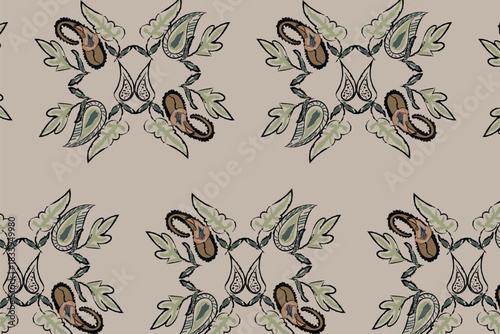 A sophisticated, symmetrical ornate pattern featuring stylized botanical paisley elements in khaki and black, suitable for elegant home furnishings and wall coverings.