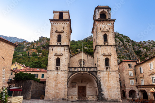 Saint Tryphon Cathedral in the city ok Kotor at dusk. Montenegro. UNESCO World Heritage Site.
