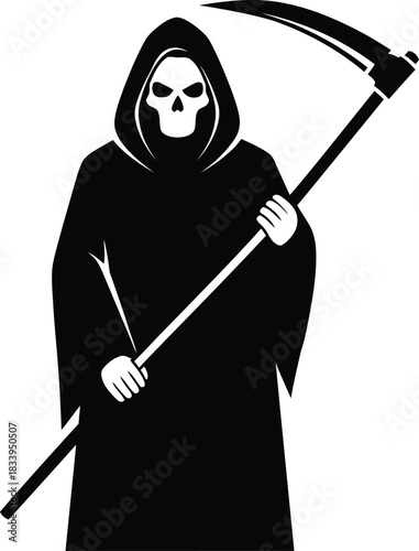 Menacing Grim Reaper silhouette illustration with a skeletal face and an imposing scythe, a striking black and white vector graphic symbolizing death, fate, and mortality