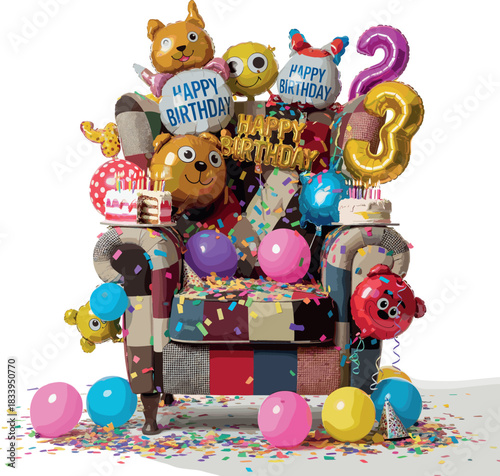 Maximalist Birthday Celebration with Patchwork Armchair, Foil Balloons, Cakes, Confetti, and Numbers 2 and 3 Vector