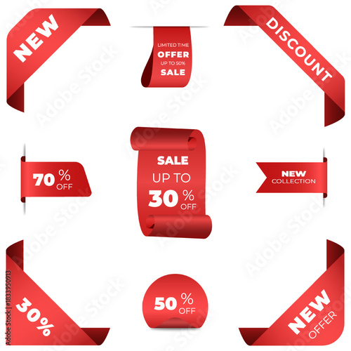 Red Sale Ribbon Labels Set with Discount Tags, Promotional Banners, New Offer Stickers and Price Badges Isolated on White Background