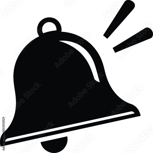 Minimalist flat vector illustration of a ringing bell icon, presented as a clean black silhouette with sound waves, ideal for alerts and notifications in modern digital interfaces for user experience