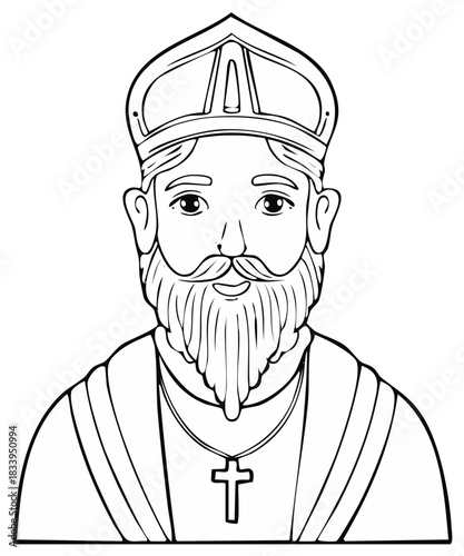 Line art illustration of a Christian bishop with a mitre and cross necklace for a coloring page