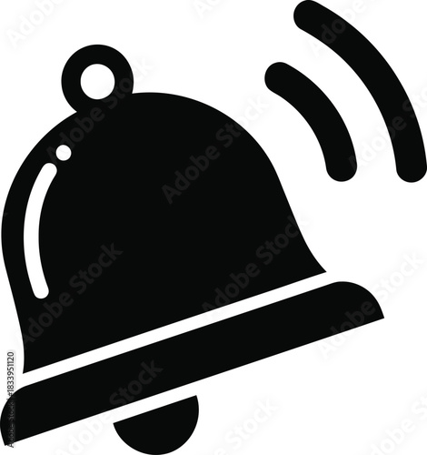 Minimalist flat vector illustration of a ringing bell icon, a clean black silhouette with sound waves, solid fill, high contrast on pure white for digital alerts and notifications
