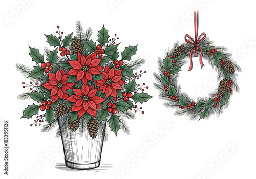sketches of bouquets and winter flower arrangements