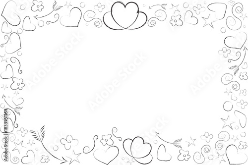 Sweet and playful horizontal vector doodle frame featuring a hand drawn border of hearts, stars, flowers, and arrows, ideal for teenage Valentine's Day designs or youthful stationery.