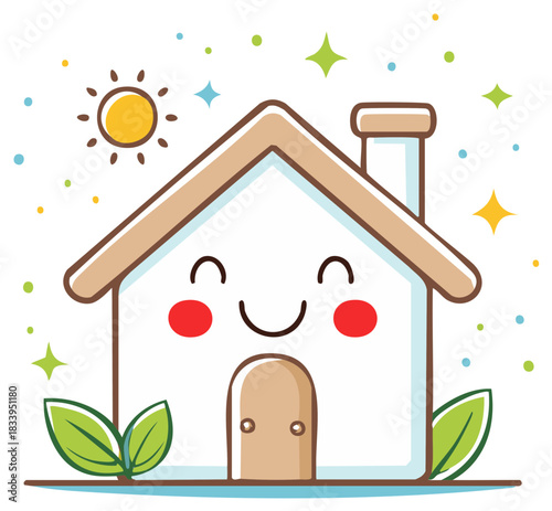 Smiling House Cartoon Illustration with Sun, Stars, and Greenery for Sustainable Living Concepts