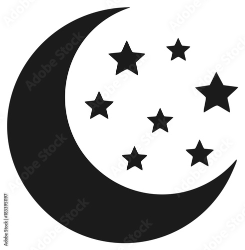 Black crescent moon and multiple stars isolated on white background simple graphic design element for night sky themes