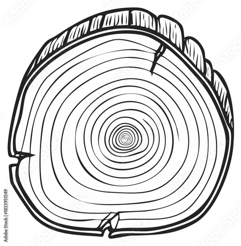 Detailed illustration of tree trunk cross section with prominent annual growth rings