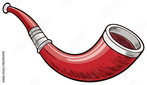 Bold red horn, traditional musical instrument or old signaling device, simple cartoon graphic element