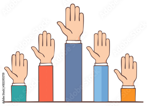 Raising hands with colorful sleeves showing agreement and unity