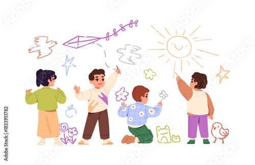 Happy children are drawing cute doodles on the wall back view. Kids are painting child chalk arts. Little boys and girls scribble together. Flat isolated vector illustration on white background