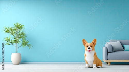 Corgi dog relaxing in a modern living room with minimalist interior design