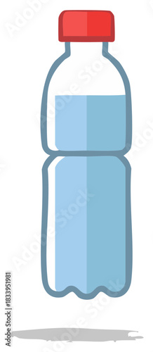 Plastic water bottle with red cap and blue water illustration