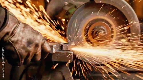 Closeup of metal grinding with sparks flying from cutting wheel