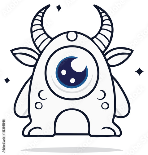 Cute one-eyed horned monster character with blue eye and sparkles illustration