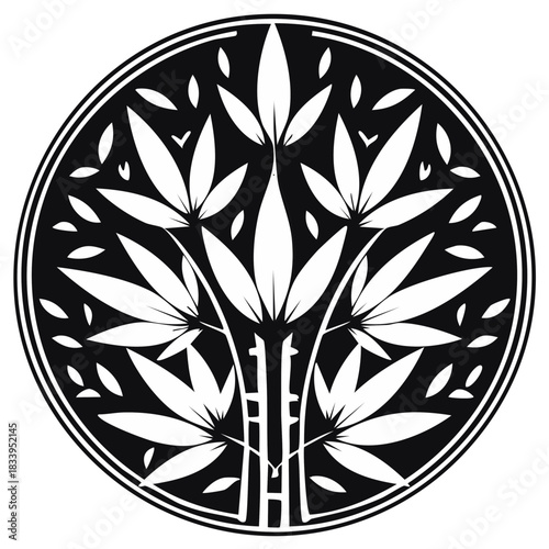 Stylized bamboo plant with leaves in a circular black and white zen medallion icon