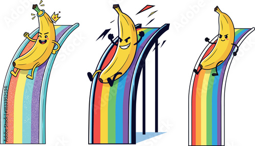 Set of Three Cute Banana Characters Sliding Down Colorful Rainbow Water Slides Illustration