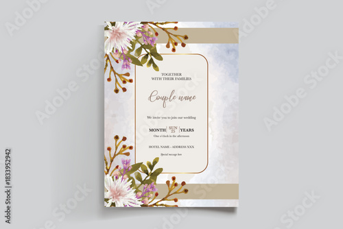 WEDDING INVITATION FRAME WITH FLOWER DECORATIONS AND FRESH LEAVES