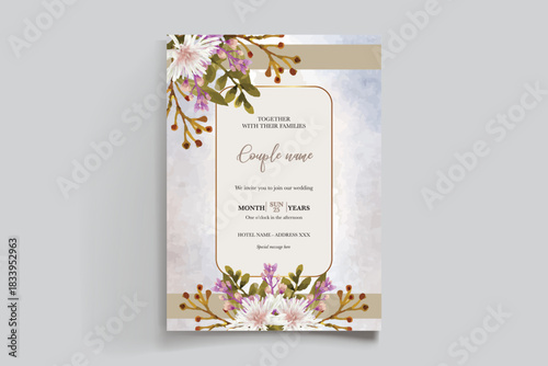 WEDDING INVITATION FRAME WITH FLOWER DECORATIONS AND FRESH LEAVES