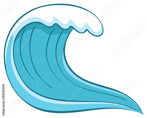 Dynamic cartoon ocean wave with breaking white foam crest, stylized blue water powerful surf