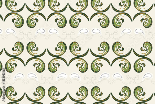 A symmetrical geometric pattern featuring stylized botanical scrolls and elements in gold and khaki, ideal for refined wall coverings and luxurious prints.