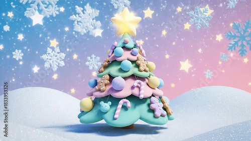 Whimsical pastel Christmas tree with candy-like decorations, on snowy ground under a starlit sky and snowflakes, radiating festive holiday cheer