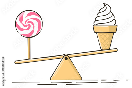 Candy and Ice Cream Balance on See Saw Sweet Food Choices Treat Dilemma Fun
