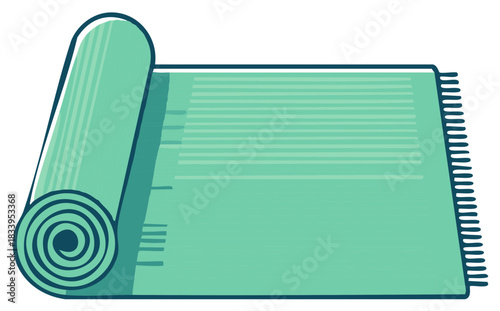 Rolled up mint green yoga mat with dark blue outlines, with fringed edges on the right side