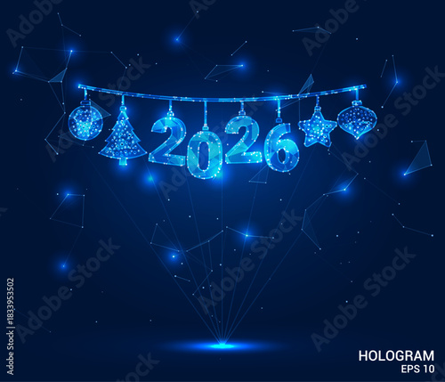 Holographic 2026 New Year design with glowing blue wireframe numerals ornaments suspended on a string. Geometric lines and stars float in deep space. Ideal for futuristic events, tech brands, digital
