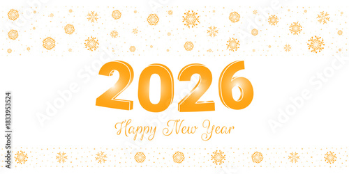 Elegant 2026 New Year design with glossy golden numerals and Happy New Year in cursive. Framed by delicate snowflake borders on white. Perfect cards, social media, banners, festive holiday promotions
