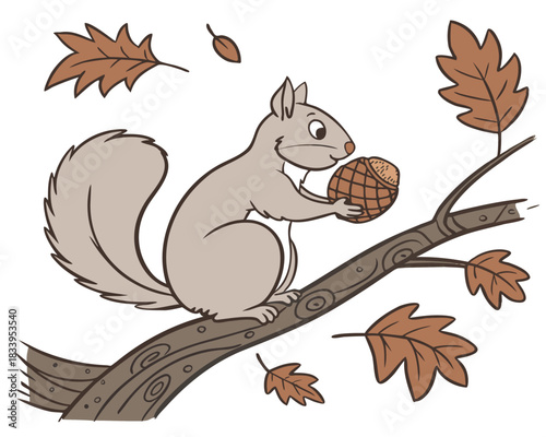 Squirrel holding a pine cone on a branch
