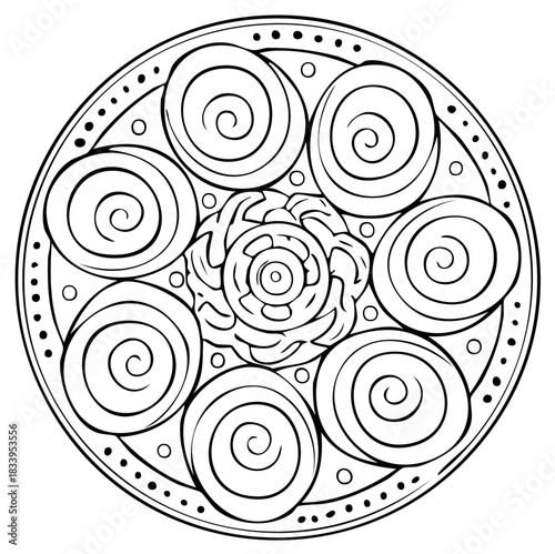 Decorative Mandala with Spirals and Floral Center for Coloring Books