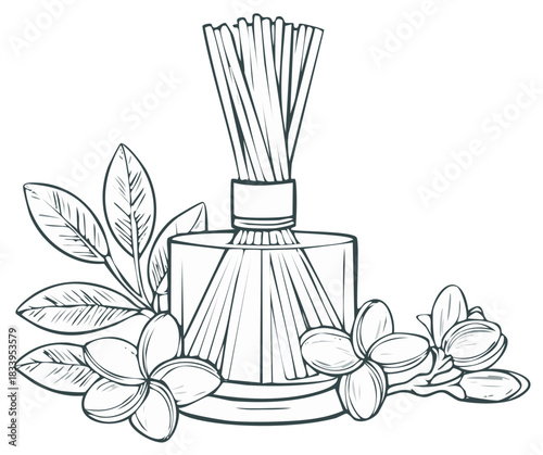 Minimalist line art illustration of a reed diffuser bottle surrounded by tropical flowers and leaves