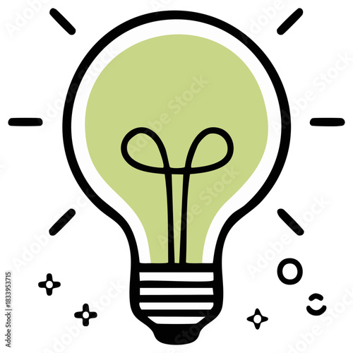 Hand drawn green lightbulb icon symbolizing a creative idea, innovation, and green energy solution