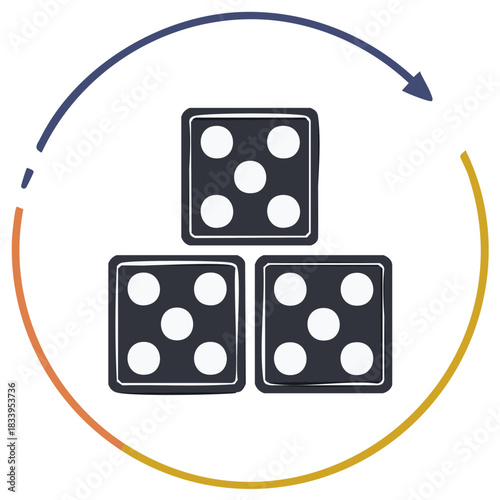 Stylized Image of Stacked Dice with Arrow Circle, Game of Chance Concept, Simple Design