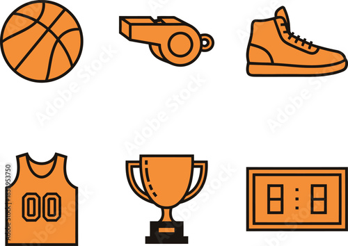 Collection of basketball sport icons including ball jersey shoe whistle trophy and scoreboard