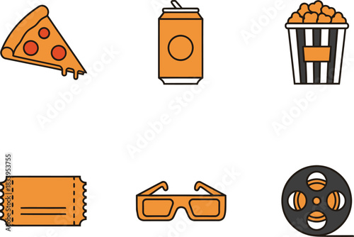 Movie night icons featuring pizza popcorn soda tickets and 3d glasses