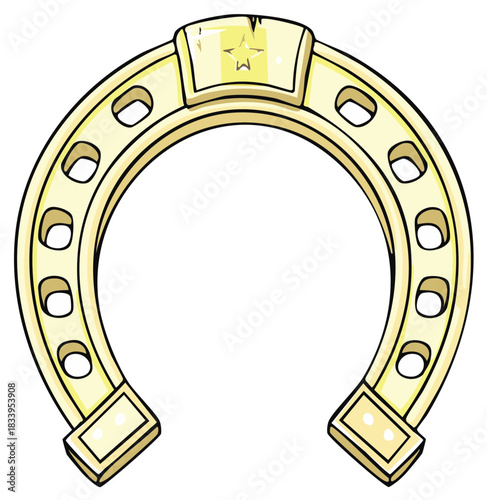 Cartoon horseshoe illustration with star icon, lucky symbol isolated on white background