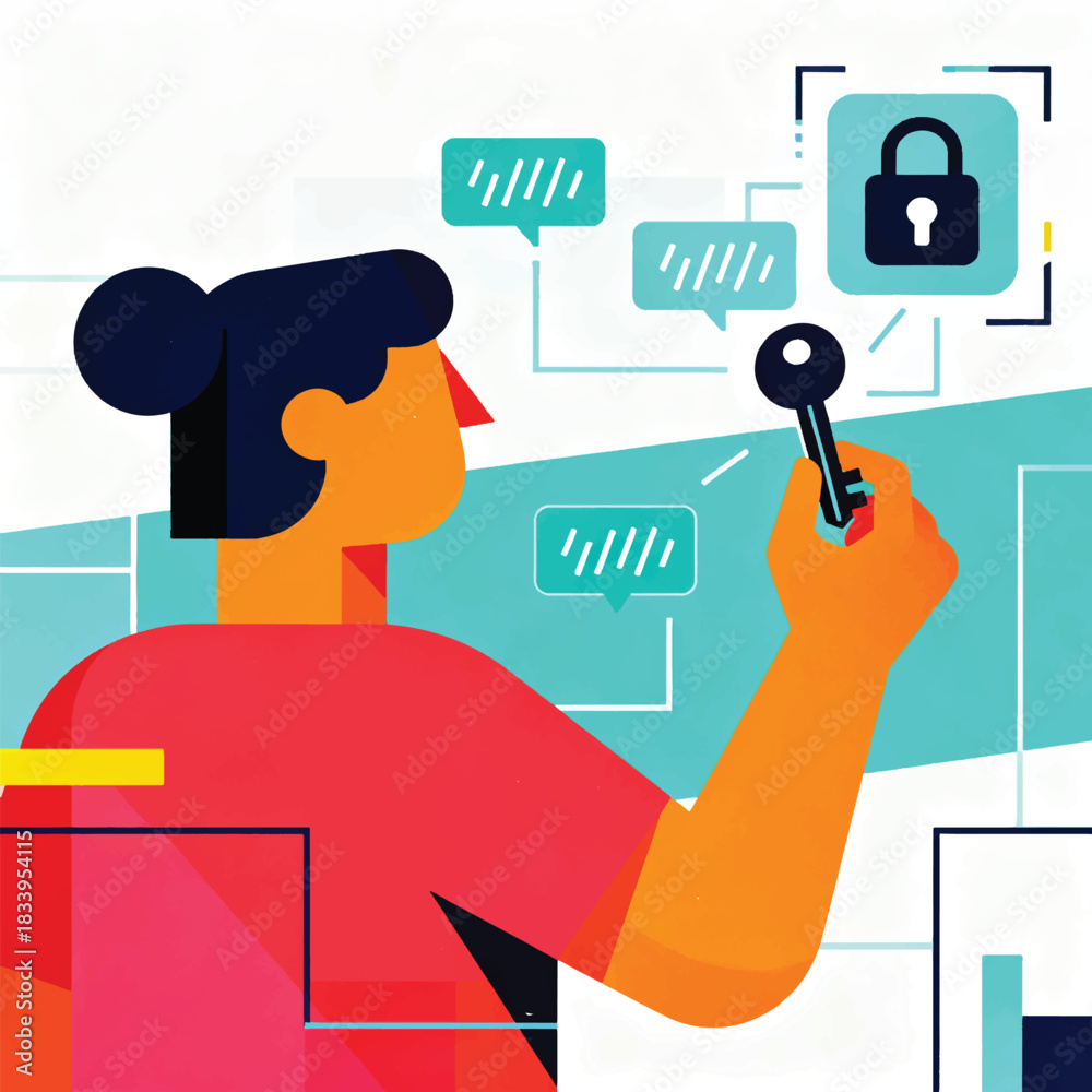 Obraz premium Illustration Of A Character Carrying A Digital Key, A Padlock Icon And A Floating Code Vector Design Template