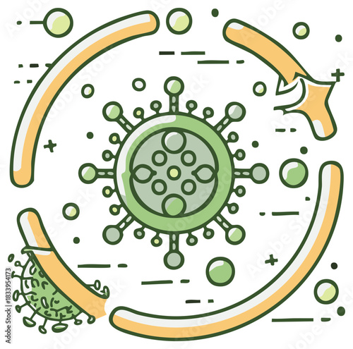 Conceptual illustration of a virus life cycle showing mutation and the recurring nature of a pandemic