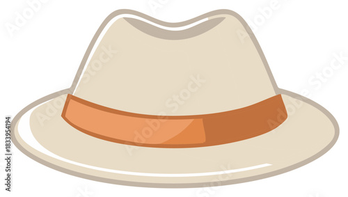 Classic Beige Fedora Hat with Brown Ribbon Band Vector Illustration