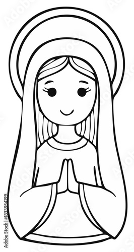 Praying woman with halo, religious illustration, simple black and white line art for coloring book page