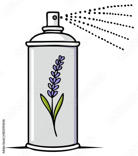 Cartoon illustration of a lavender spray bottle with a dotted mist effect